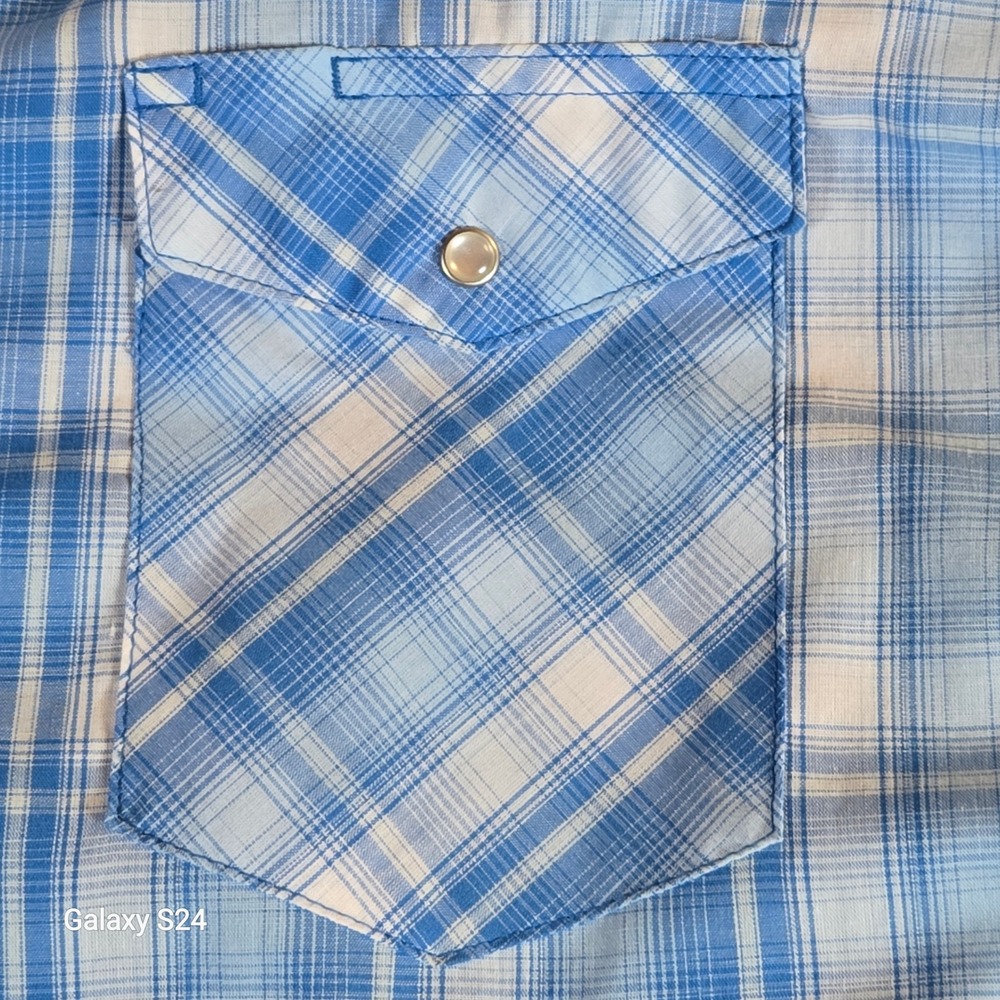 Wrangler Western Shirt Mens XL Plaid Blue Short Sleeve‎ Pearl Snap Front Cowboy - Picture 3 of 5